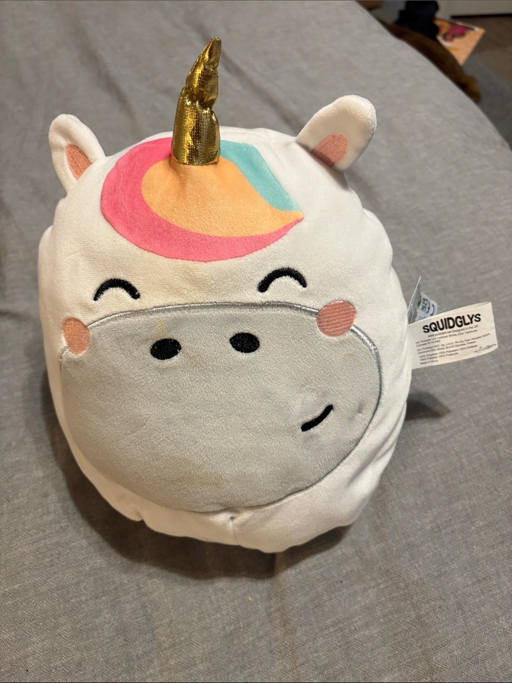 Squishmallow-Style White Unicorn Plush with Gold Horn